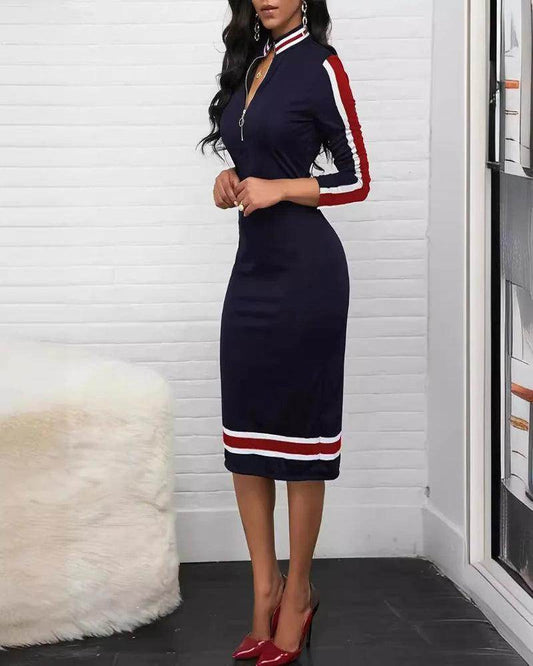 Retro Long Sleeve Zipper Stitching Sexy Hip Dress - P12 Hub Europe