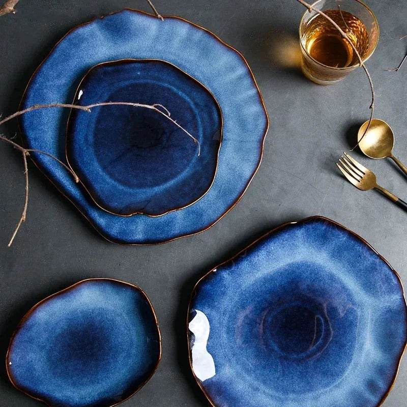 Ceramic Plates Deep Blue Irregular Flat Plate Pottery Dish Household Decoration Tableware Dinnerware Tray Hotel Kitchen Supplies - P12 Hub Europe