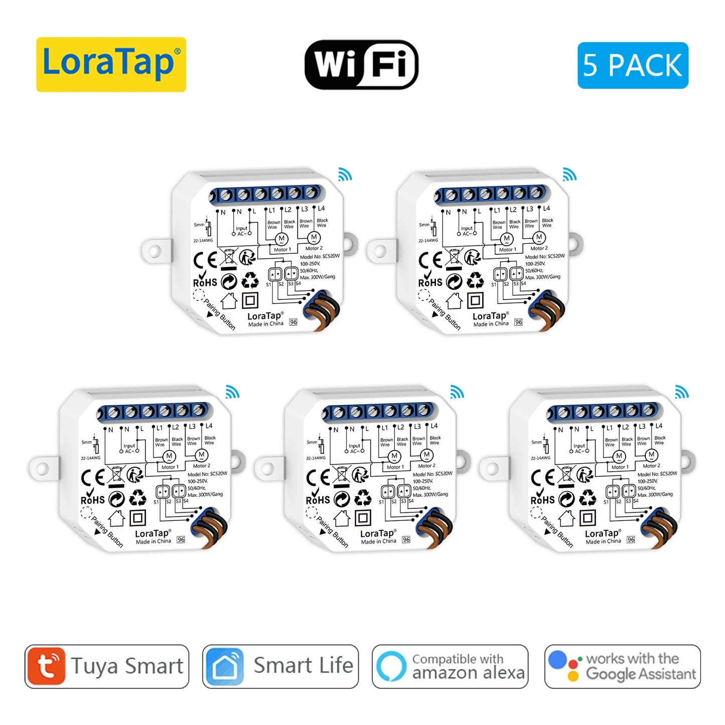 LoraTap Tuya Smart Life Double Curtain Blinds Switch Module for Roller Shutter Electric Motor Voice Control by Google Home Alexa