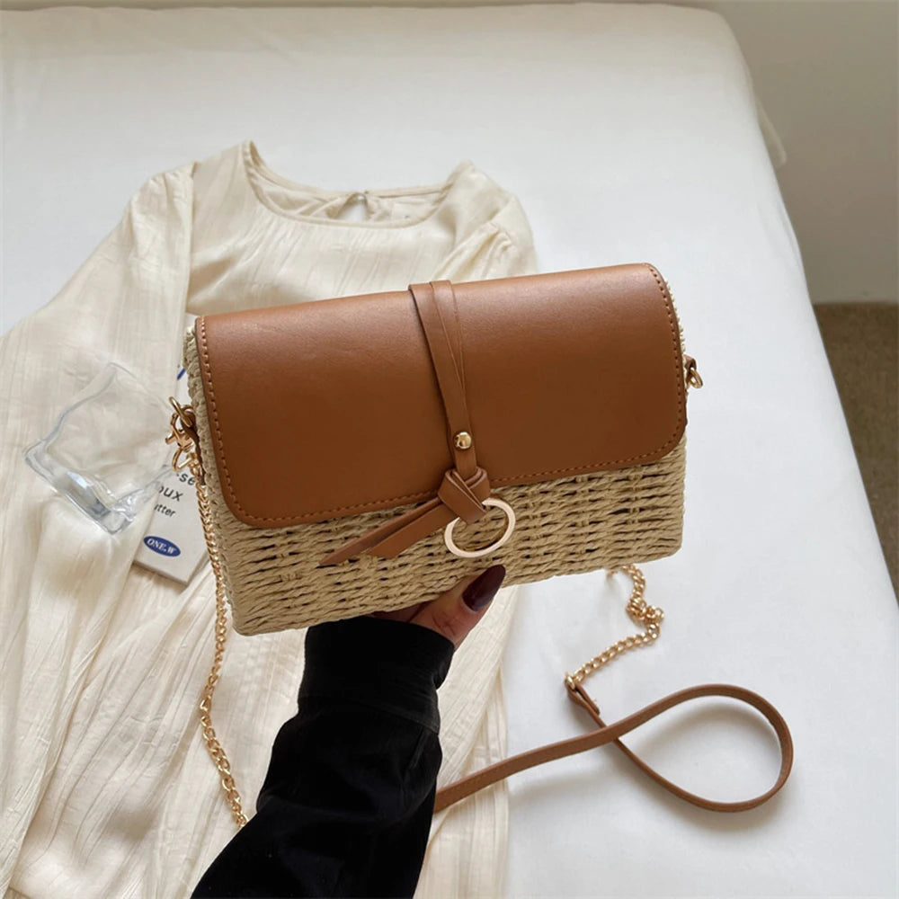 Spring Trendy Small Knitting Square Handbag Women's Casual Fashion Simple Chain Crossbody Bag PU Leather Flip Cover Beach Bags