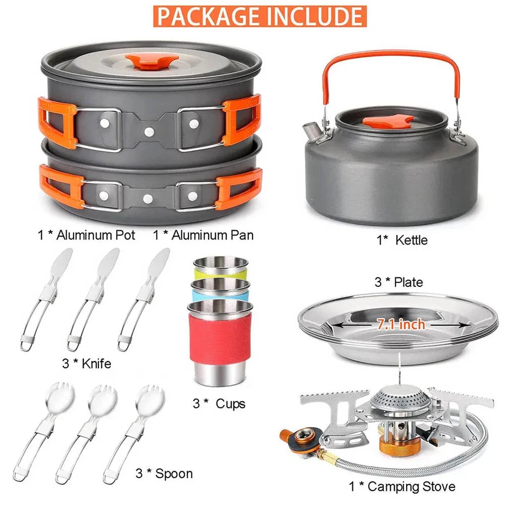 Camping Travel Equipment Tableware Cookware Kit Pots Burner Gas Stove Accessories Kitchen Utensils Sets Picnic BBQ Supplies