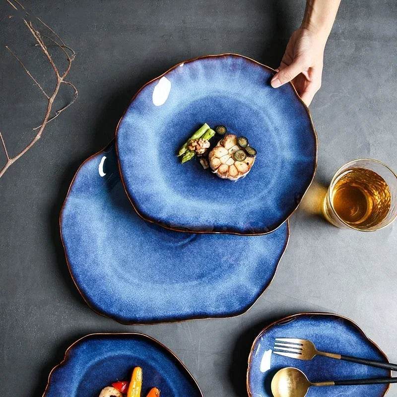 Ceramic Plates Deep Blue Irregular Flat Plate Pottery Dish Household Decoration Tableware Dinnerware Tray Hotel Kitchen Supplies - P12 Hub Europe