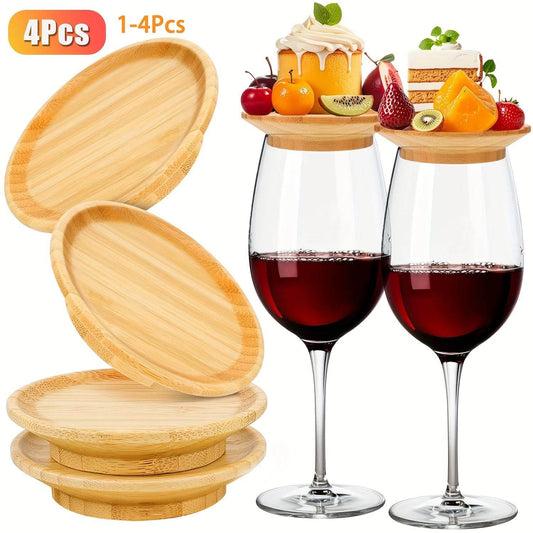 1-4Pcs Wine Glass Charcuterie Topper, Bamboo Wine Glass Covers for Appetizers Wine Glass Topper Coasters Plate for Bars Party - P12 Hub Europe