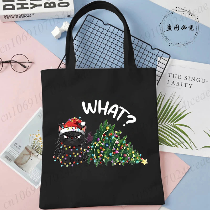 Black Cats Christmas Printed Shopping Bag Cartoon Canvas Tote Bag Eco Bag for Women Black Cats Christmas Reusable Tote Handbags