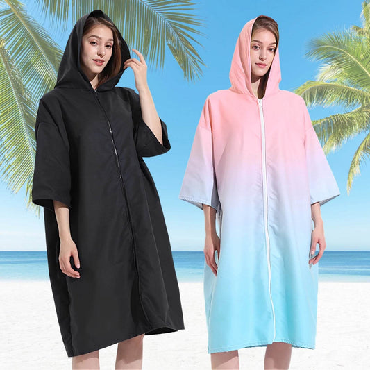 Changing Robe with Hood Microfiber Towel Poncho with Zipper Short Sleeve Surf Poncho Quick Dry Oversized Changing Towel Robe New - P12 Hub Europe