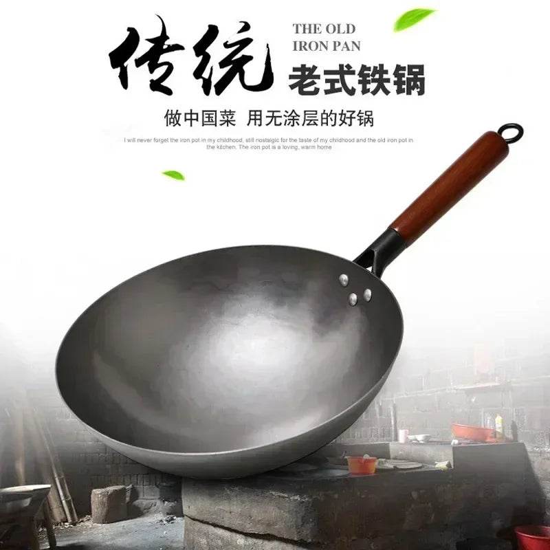 2024 New Chinese Traditional Iron Wok Handmade Large Wok&Wooden Handle Non-stick Wok Gas Cooker Pan Kitchen Cookware Iron Pot - P12 Hub Europe