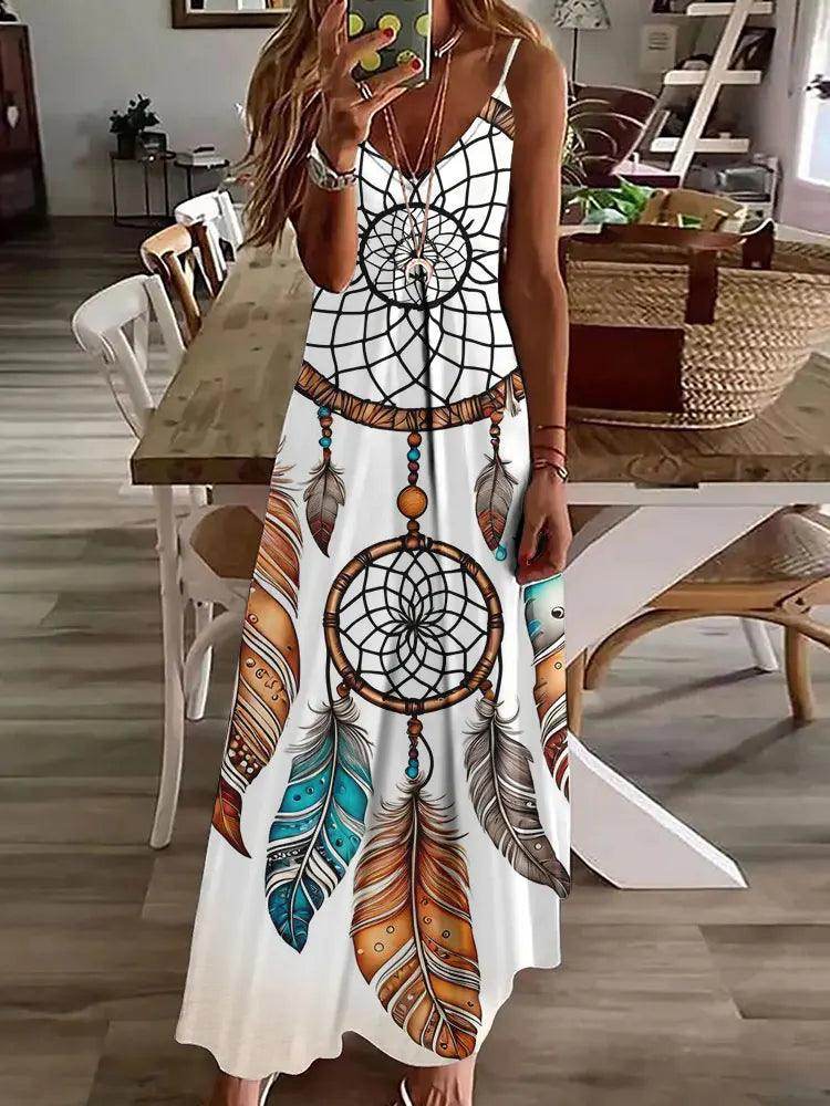 3D Owl Print Boho Maxi Dress Sleeveless Tribal - P12 Hub Europe