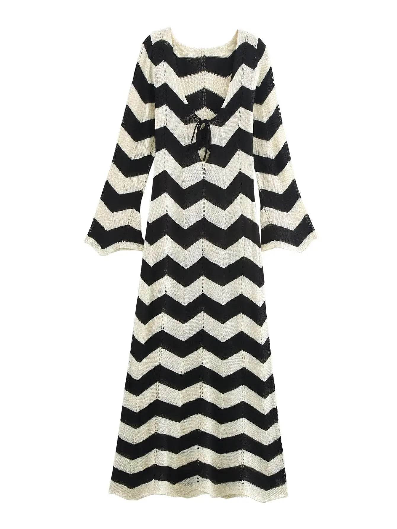 Hollow Out Lace Up Knit Dress - Contrast Stripes V-Neck - P12 Hub Europe