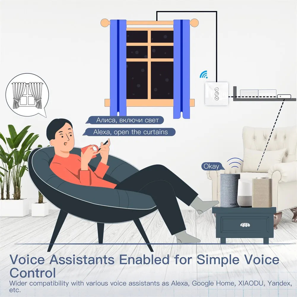 Moes Tuya WiFi RF433 2.5D Arc Curtain Switch Glass Touch Panel for Roller Blinds Shutters Switch Smart APP Wireless Remote Alexa