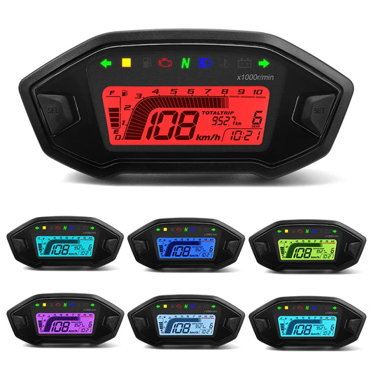 Newest Universal Motorcycle Speedometer 7 Colors Digital Meters Instrument LCD 13000rpm Tachometer Turn Signal Light Indicator