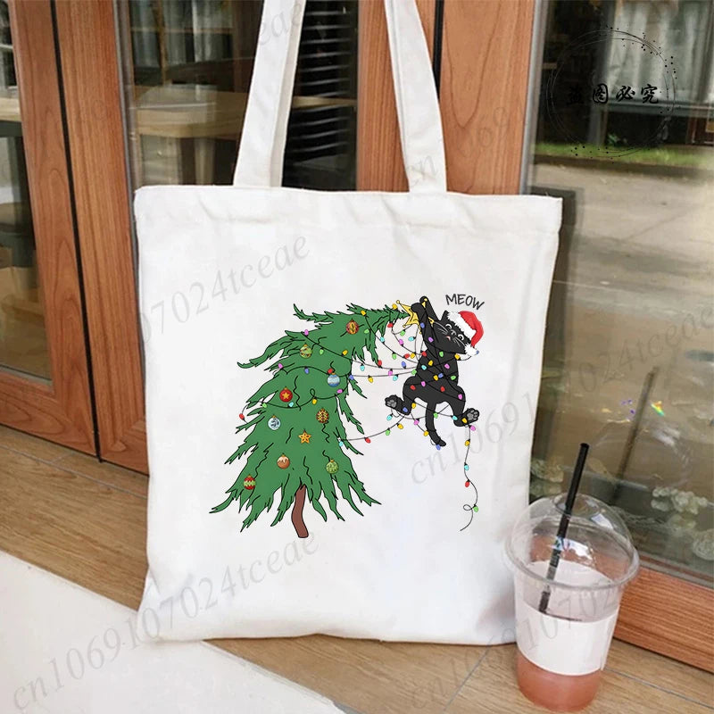 Black Cats Christmas Printed Shopping Bag Cartoon Canvas Tote Bag Eco Bag for Women Black Cats Christmas Reusable Tote Handbags