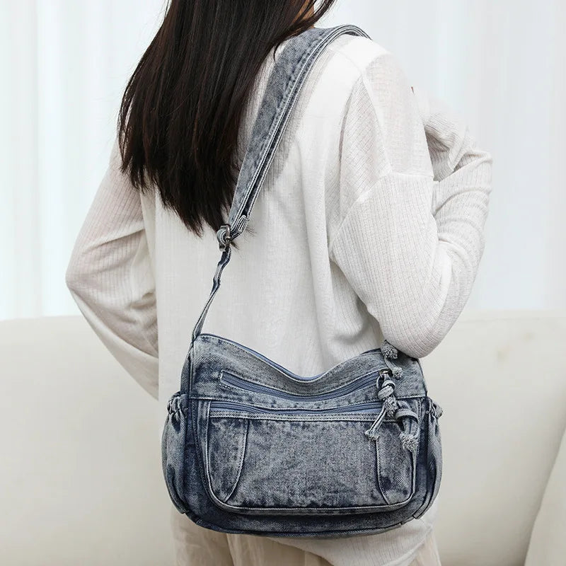 Women Retro Travel Sling Shoulder Bag Casual Washed Denim Commuting Crossbody Bag Female Shopping Tote Handbags Large Day Pack