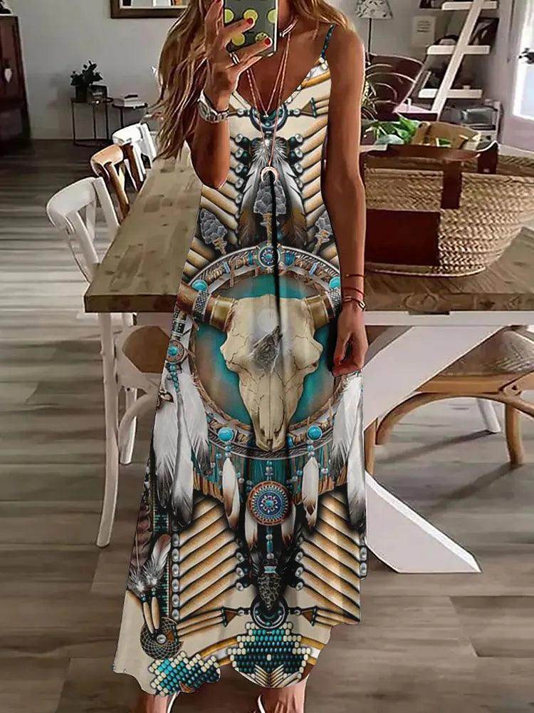 3D Owl Print Boho Maxi Dress Sleeveless Tribal - P12 Hub Europe