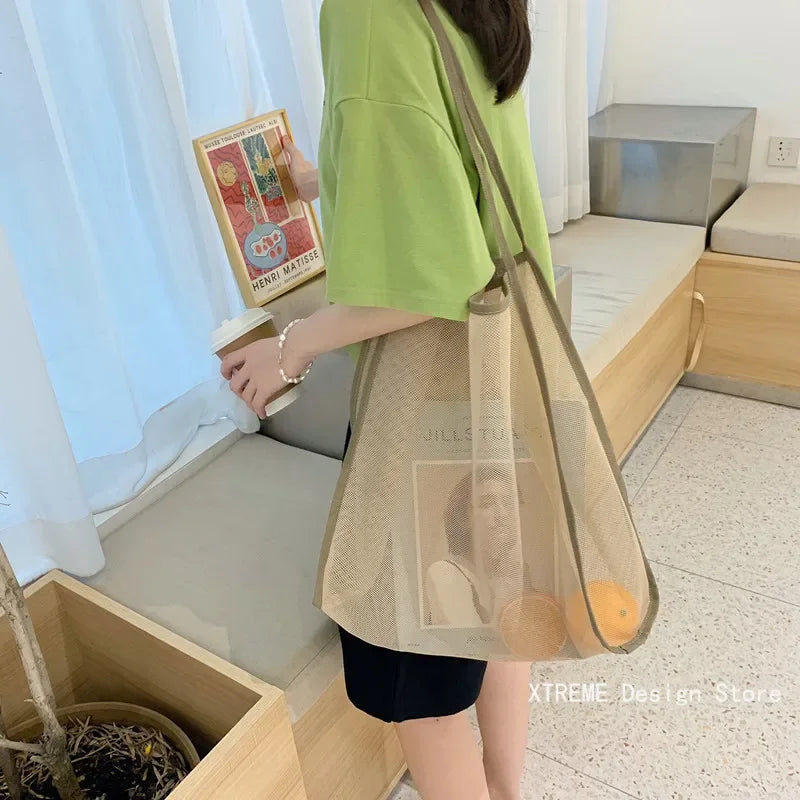Beach Bag Large Capacity Shopping Bag Transparent Mesh Reusable Fashion Portable Travel Organizer Eco-Friendly Storage Bag