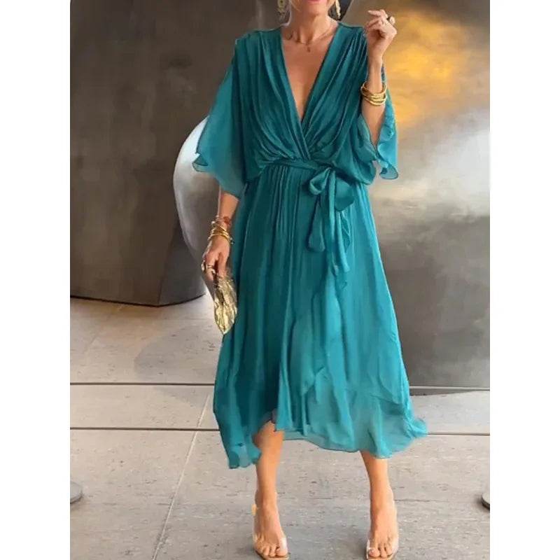 V-Neck Bat Sleeve Dress - Strappy Irregular Summer Style - P12 Hub Europe