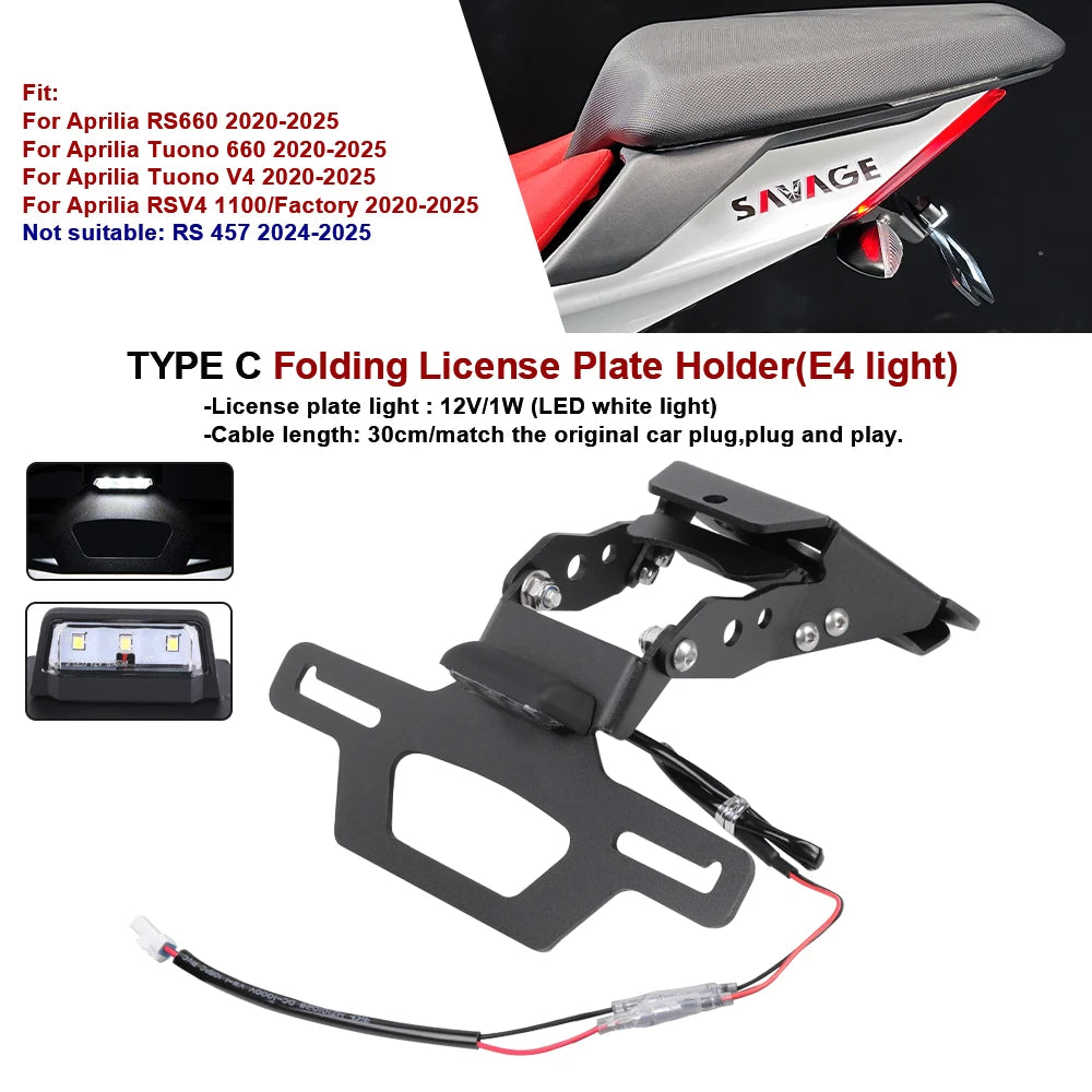 For Aprilia RS660 RSV4 1100 Folding License Plate Holder Tuono V4 660 2020-2025 Fender Eliminator Tail Frame LED Plate Light