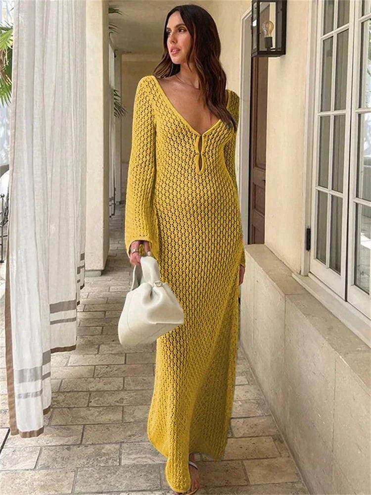 White Knit See-Through Maxi Dress Hollow Out Backless Beach - P12 Hub Europe