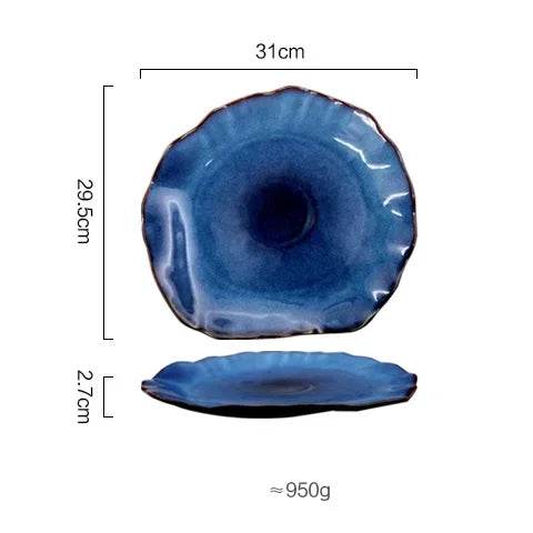 Ceramic Plates Deep Blue Irregular Flat Plate Pottery Dish Household Decoration Tableware Dinnerware Tray Hotel Kitchen Supplies - P12 Hub Europe