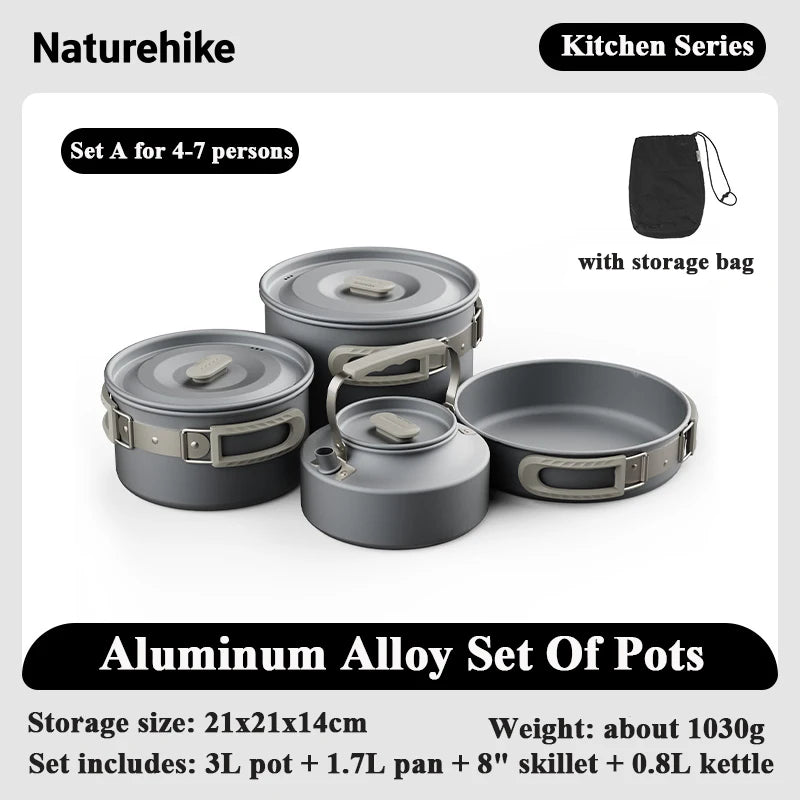 Naturehike Camping Pot Set 4-7 Persons Aluminum Alloy Cookware Pot Set Portable Outdoor Picnic Tableware Camping Cookware Kit