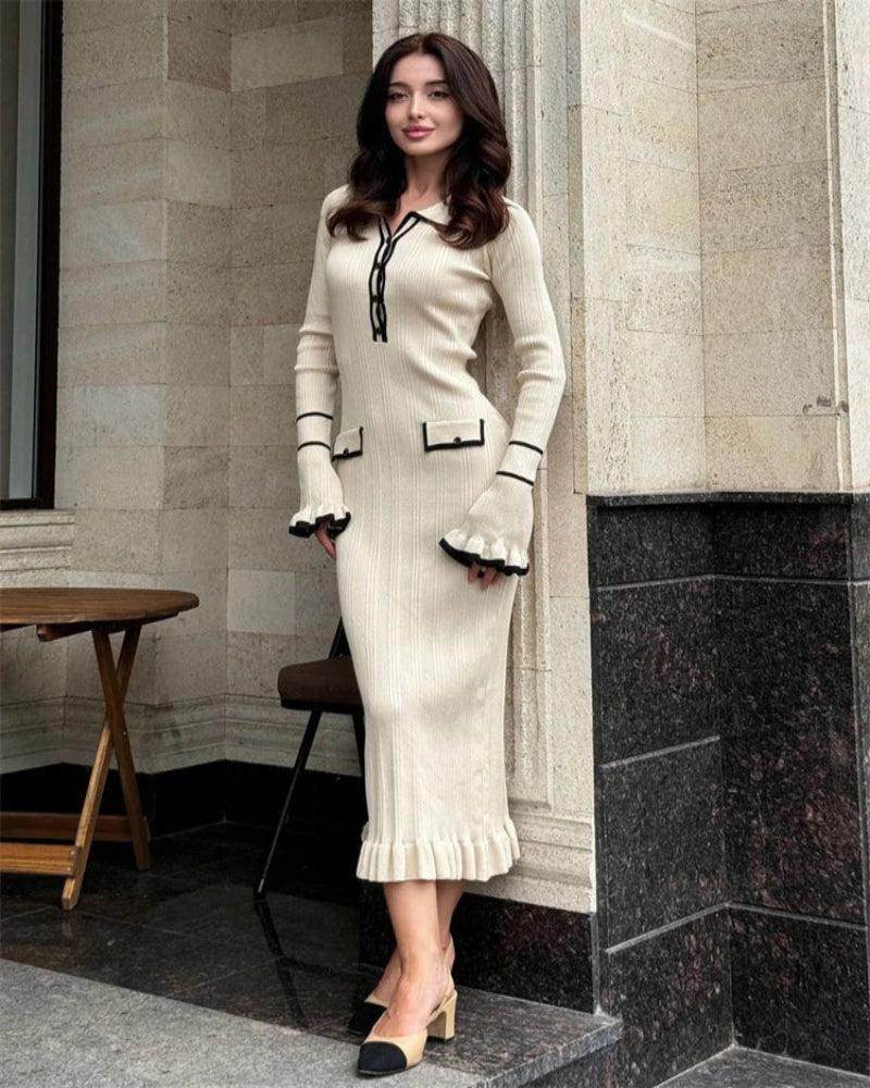 Ruffled Contrast Knit Maxi Dress High Waist Lapel - P12 Hub Europe