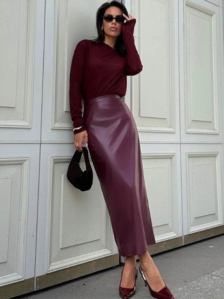 Women's Burgundy PU Slit Skirt - P12 Hub Europe