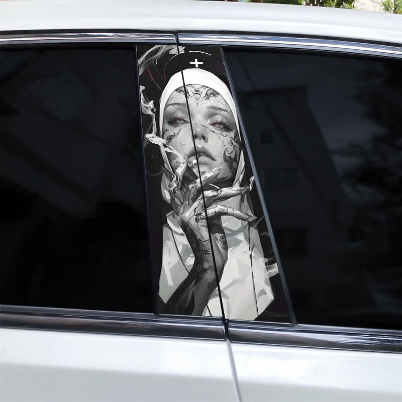 2pcs Smoking Nun Car Sticker Car B-Pillar Sticker DIY Car Door Pillar Decal Waterproof Decal Cover Scratched Decal Nun Sticker