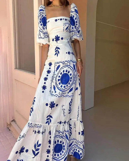 Maxi Dress Splicing Pleated Puff Sleeve Slim Holiday - P12 Hub Europe