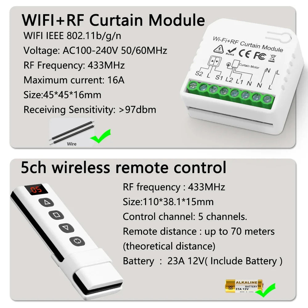Tuya WiFi Smart Curtain Switch Electric Rolling Shutter App Voice Control Alexa Alice with RF 433 MHz 5CH Remote Control