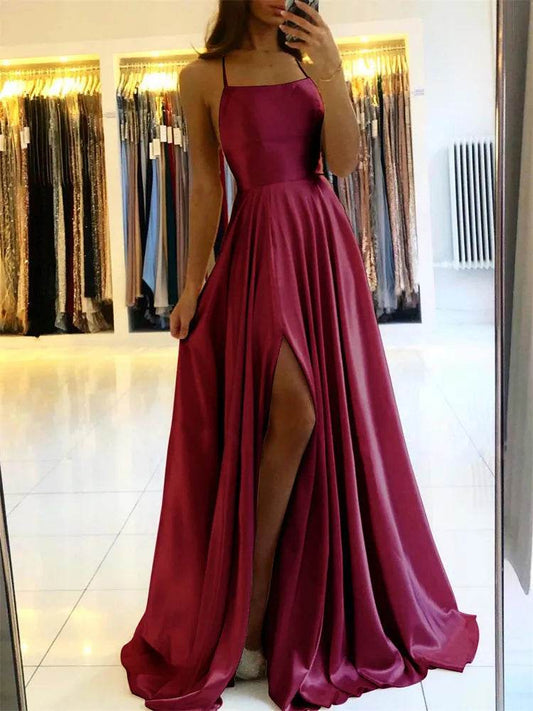 Burgundy Satin Maxi Dress - Slit Prom & Bridesmaid - P12 Hub Europe