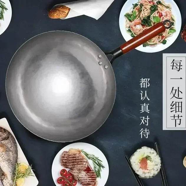 2024 New Chinese Traditional Iron Wok Handmade Large Wok&Wooden Handle Non-stick Wok Gas Cooker Pan Kitchen Cookware Iron Pot - P12 Hub Europe