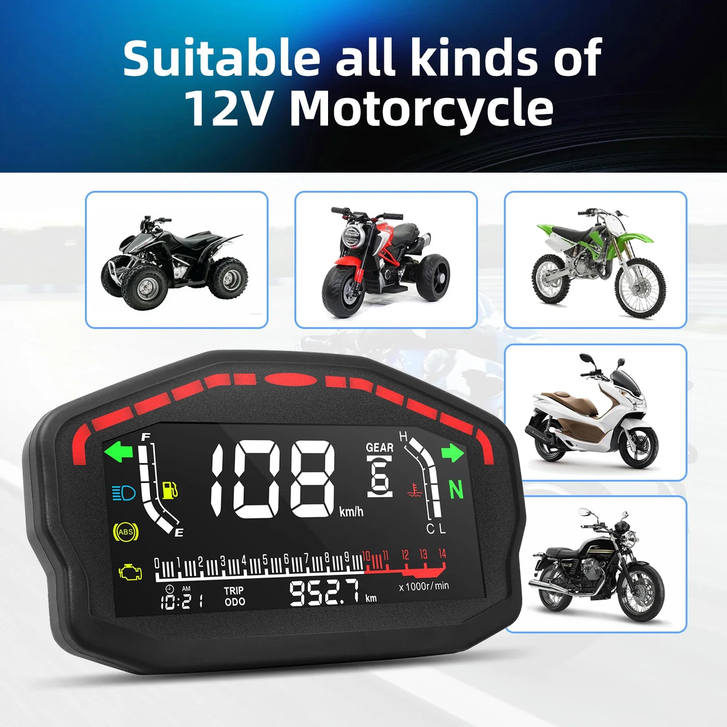 for1, 2,4 Cylinders Motorcycle Digital Board Dash Universal Motorbike Speedometer 0-14000r/min Odometer Gauge Gear Adjustable