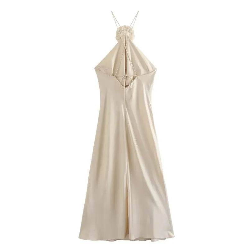 Flower Halter Satin Dress - Backless Summer Party - P12 Hub Europe