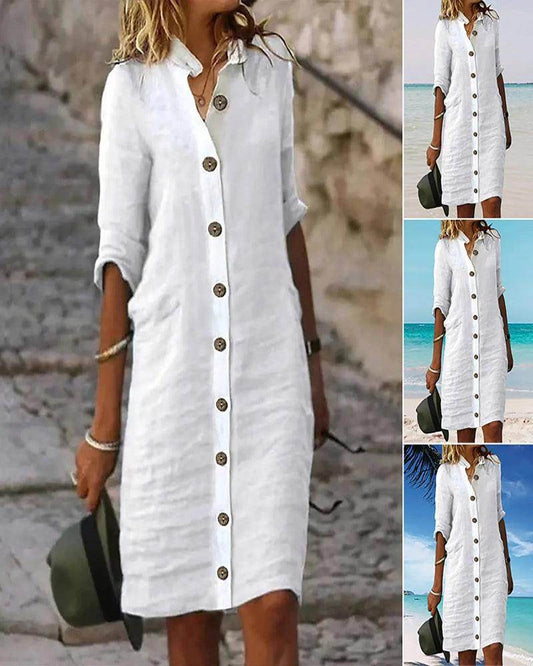 Cotton Linen Button Shirt Dress Casual V-Neck Pockets - P12 Hub Europe