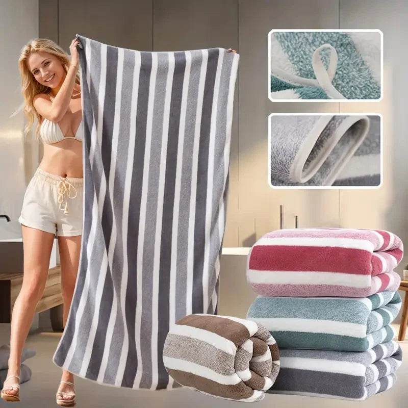 2Pcs High-density Absorbent Bath Towel Coral Fleece Wide-striped Towel Non-sheddingPrinted Soft and ComfortableUnisex Bath Towel - P12 Hub Europe