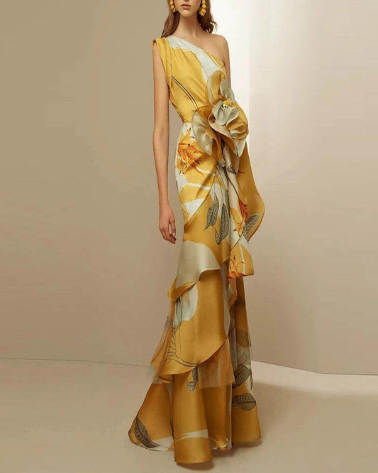 Floral Diagonal Collar Party Dress - P12 Hub Europe