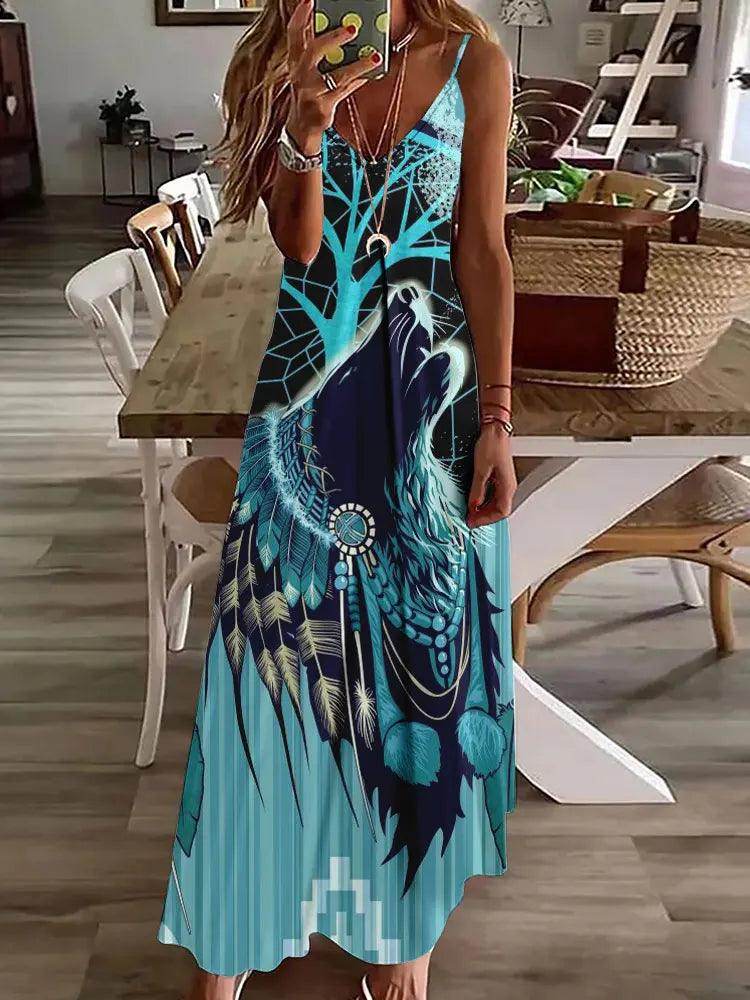 3D Owl Print Boho Maxi Dress Sleeveless Tribal - P12 Hub Europe