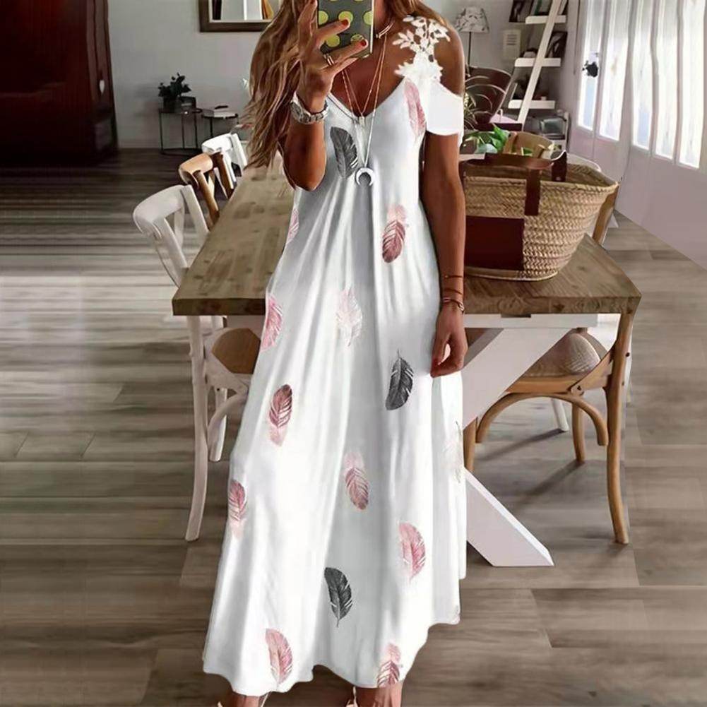 Feather Print Lace Sling Maxi Dress - Loose A-Line Summer Style - P12 Hub Europe