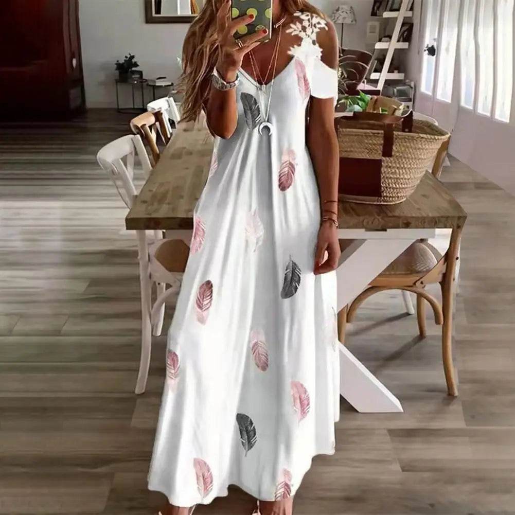 Feather Print Lace Sling Maxi Dress - Loose A-Line Summer Style - P12 Hub Europe