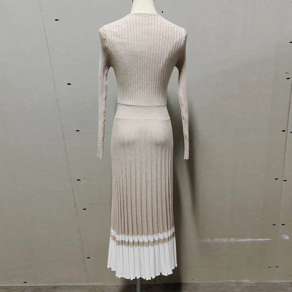 Tossy Ribbed V-Neck Knit Maxi Dress - Elegant Patchwork - P12 Hub Europe