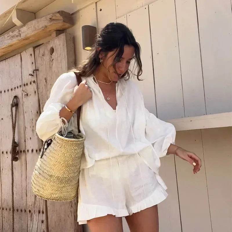 Linen Ruffle Shorts Beach Outfit - P12 Hub Europe