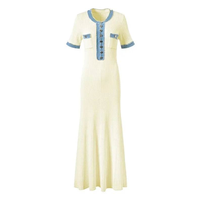 Talenza V-Neck Maxi Dress - Denim Patchwork Office Style - P12 Hub Europe