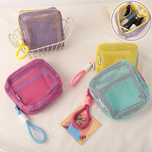 Stylish Lightweight Mesh Cosmetic Bag, Portable Square Cosmetic Storage Bag with Zipper, Multi-purpose Sundries Storage Bag