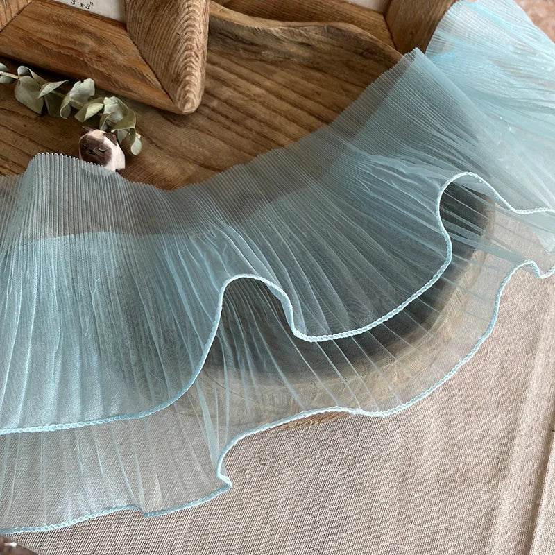 1 Yard Blue Lace Fabric Pleated Mermaid Effect Laser Neon Luster For Women Dress 15CM Wide - P12 Hub Europe