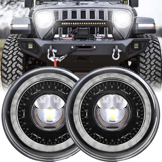 7" Car Led Headlight For Lada Niva 4x4 7inch H4 Led Headlights Angel Eyes For Jeep Wrangler OffRoad 4x4 Suzuki Samurai Toyota