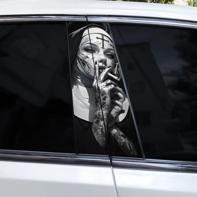 2pcs Smoking Nun Car Sticker Car B-Pillar Sticker DIY Car Door Pillar Decal Waterproof Decal Cover Scratched Decal Nun Sticker