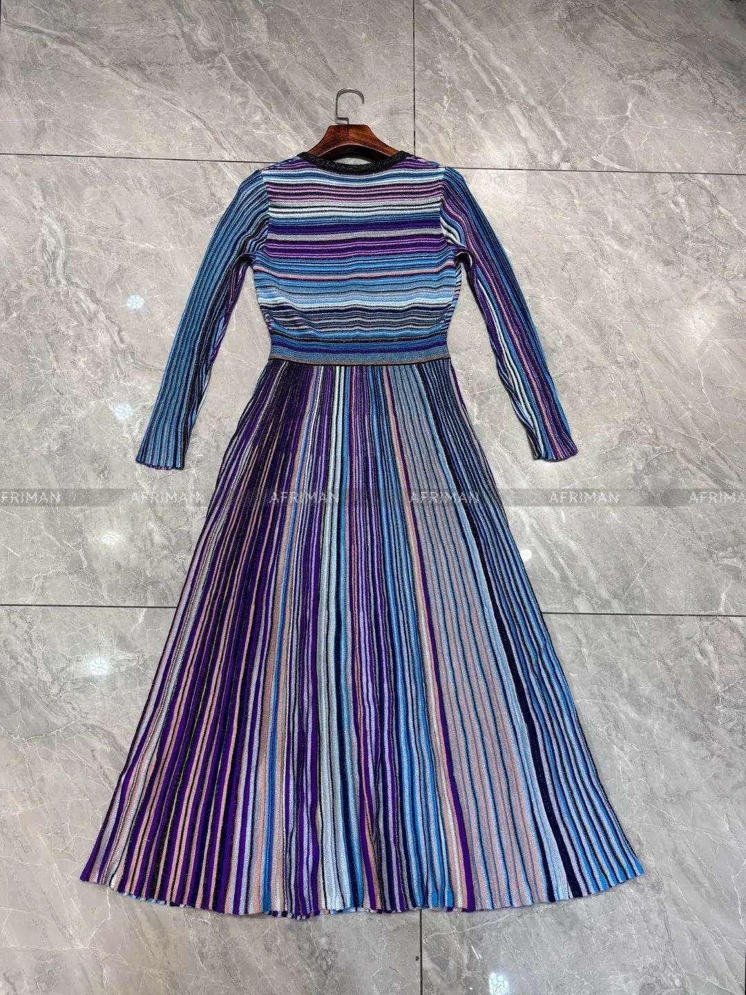 V-Neck Knit Dress - Silk Color Mosaic & Stripe Waist - P12 Hub Europe