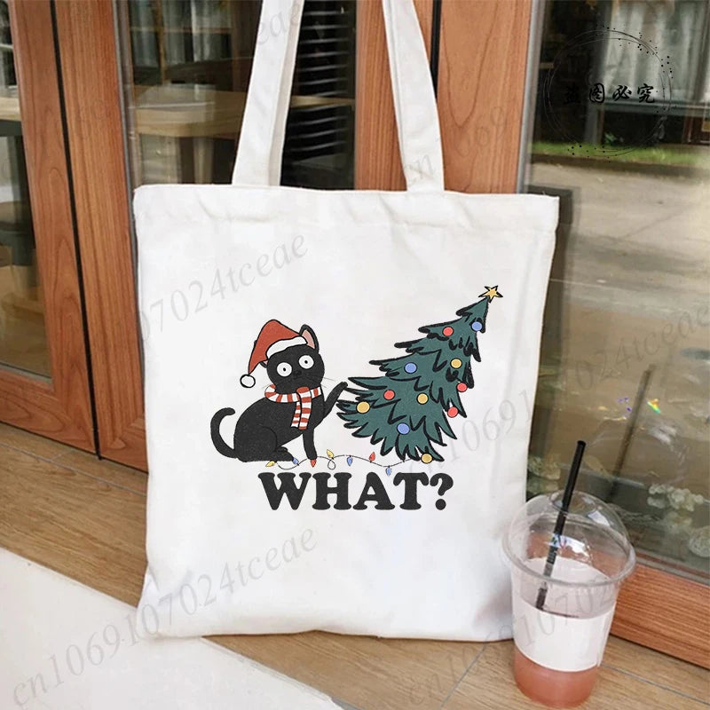 Black Cats Christmas Printed Shopping Bag Cartoon Canvas Tote Bag Eco Bag for Women Black Cats Christmas Reusable Tote Handbags