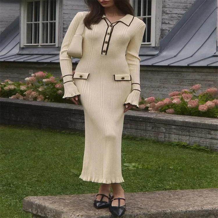 Ruffled Contrast Knit Maxi Dress High Waist Lapel - P12 Hub Europe