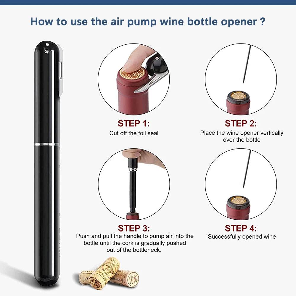 1Pc Black Stainless Steel Wine Air Pressure Corkscrew Cork Remover Air Pump Wine Bottle Opener Safety Portable Wine Corkscrew - P12 Hub Europe