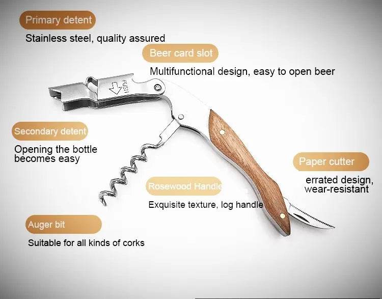 1pc Stainless Steel Wood Handle Wine Corkscrew Professional Wine Opener Portable Screw Corkscrew Multifunction Beer Cap Bottle - P12 Hub Europe